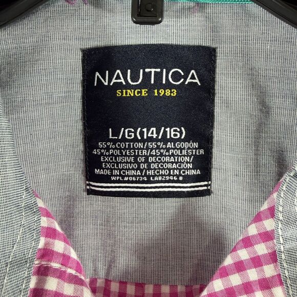 Nautica Boys’ Gingham Pink And White Long Sleeve Dress Shirt - Large 14-16 - Picture 3 of 3